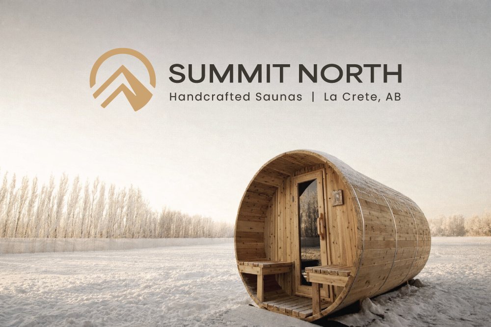 Summit North logo above a cedar barrel sauna in a snowy field